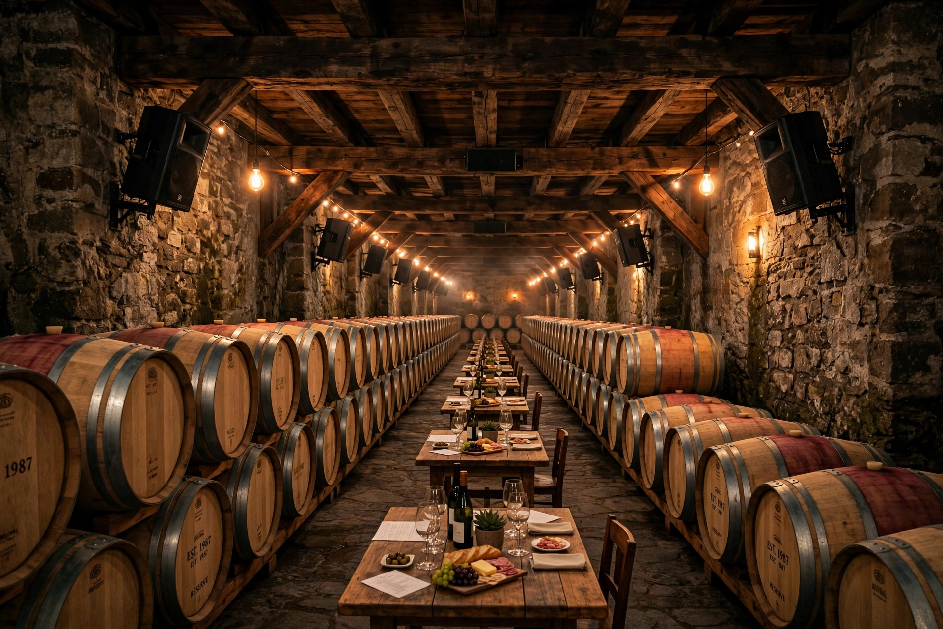 Winery barrel hall with pro speakers mounted on stone walls in Penticton - oak barrels and audio Okanagan