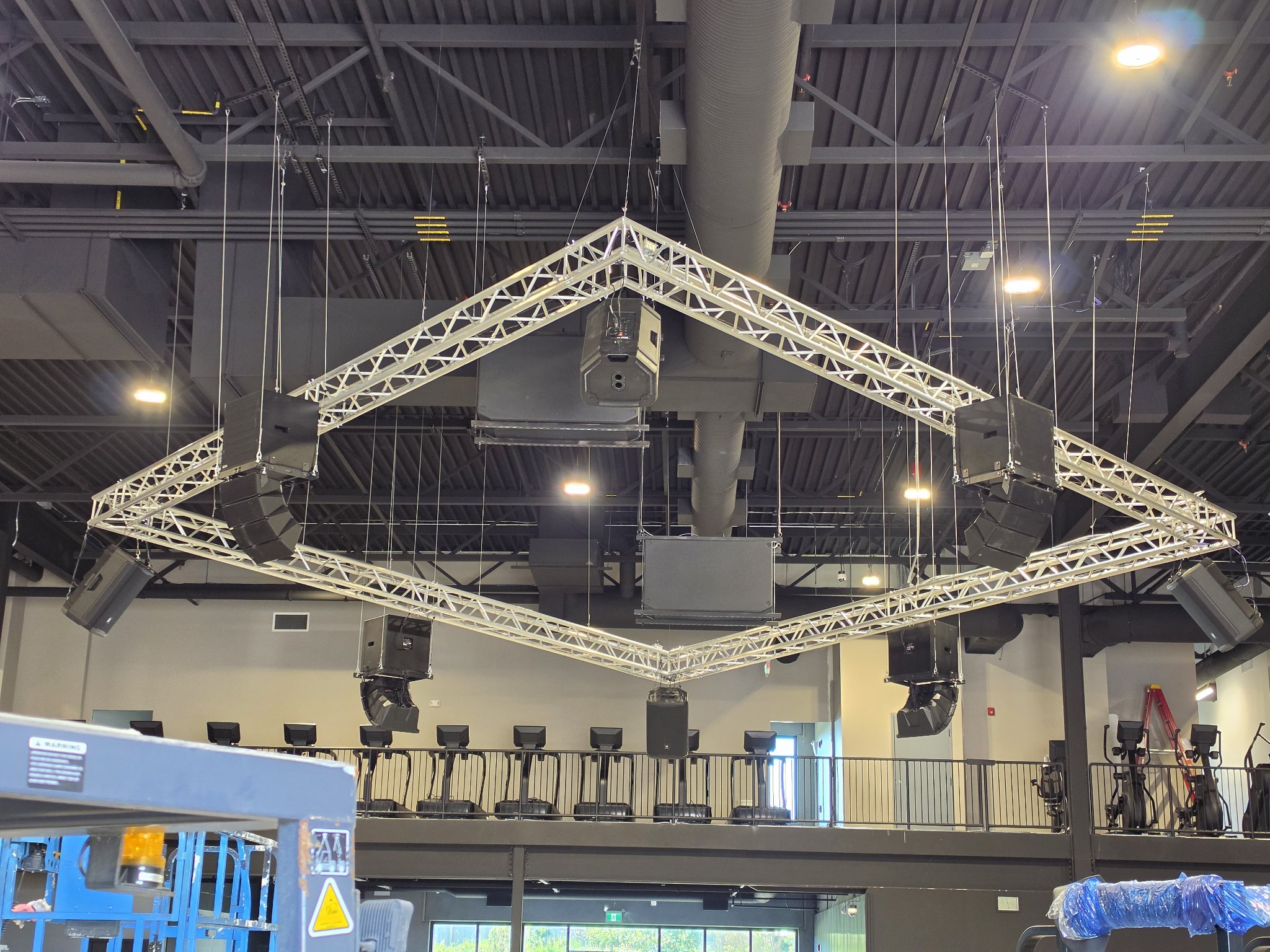 Commercial gym sound system Kelowna Okanagan - flown speakers