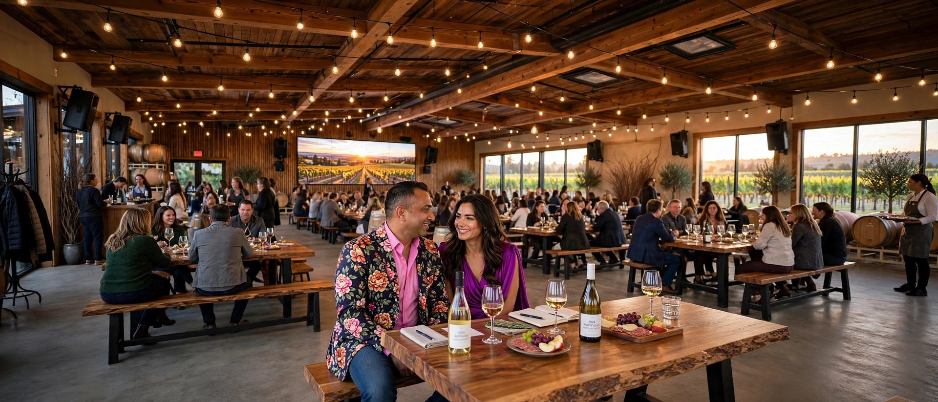 Panoramic Okanagan winery tasting hall packed with guests, LED video wall and wall-mounted speakers - Valley Pro AV Summerland