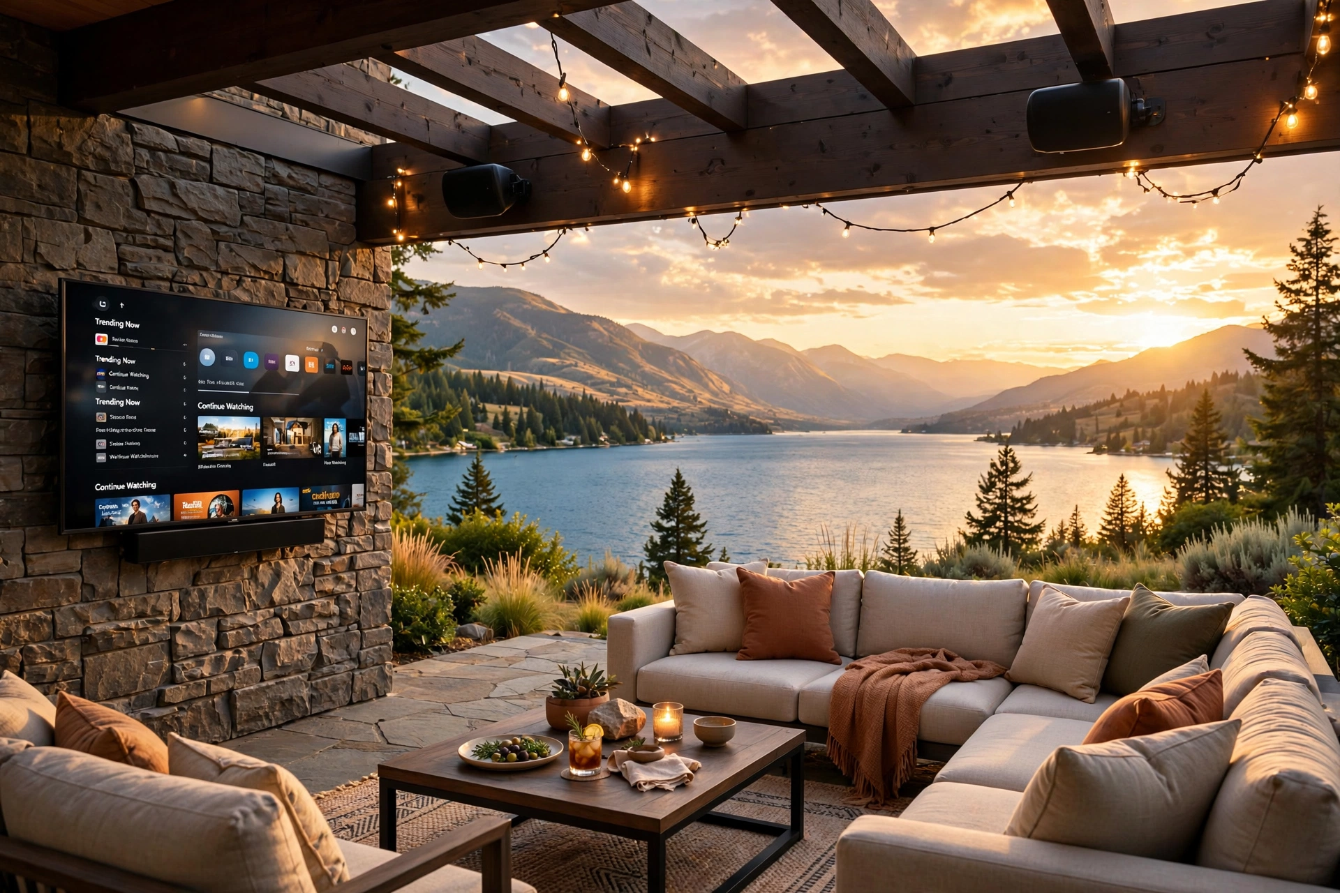 Lakefront patio with outdoor TV and speakers overlooking Okanagan Lake West Kelowna