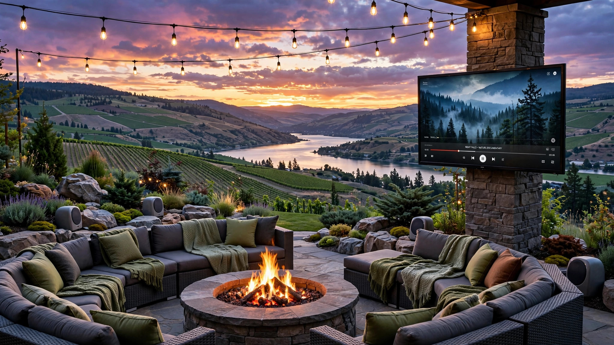 Outdoor TV and speakers Summerland Okanagan - backyard living