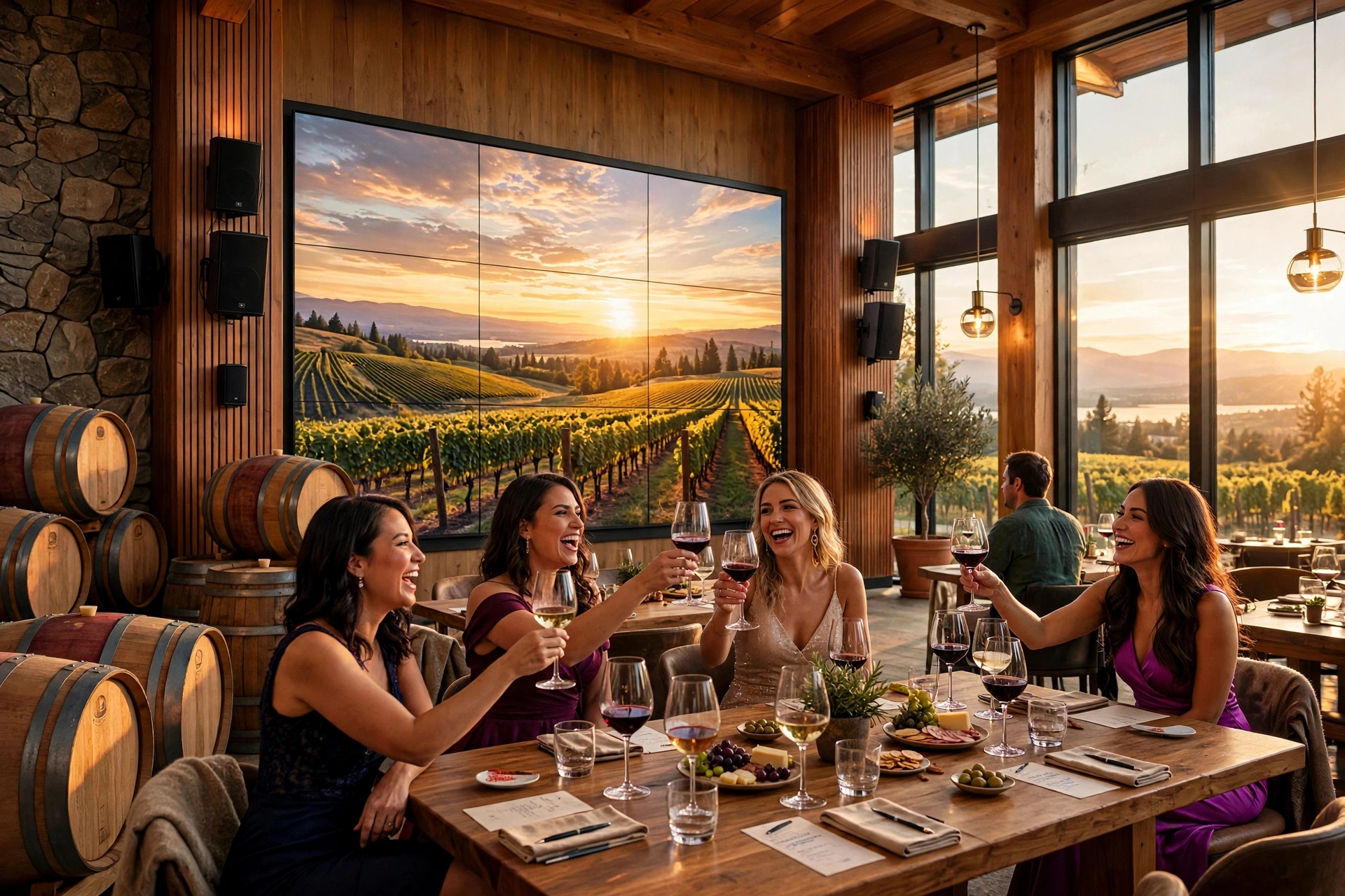 Winery tasting room with LED video wall and pro speakers in Naramata - Okanagan Valley AV installation Kelowna