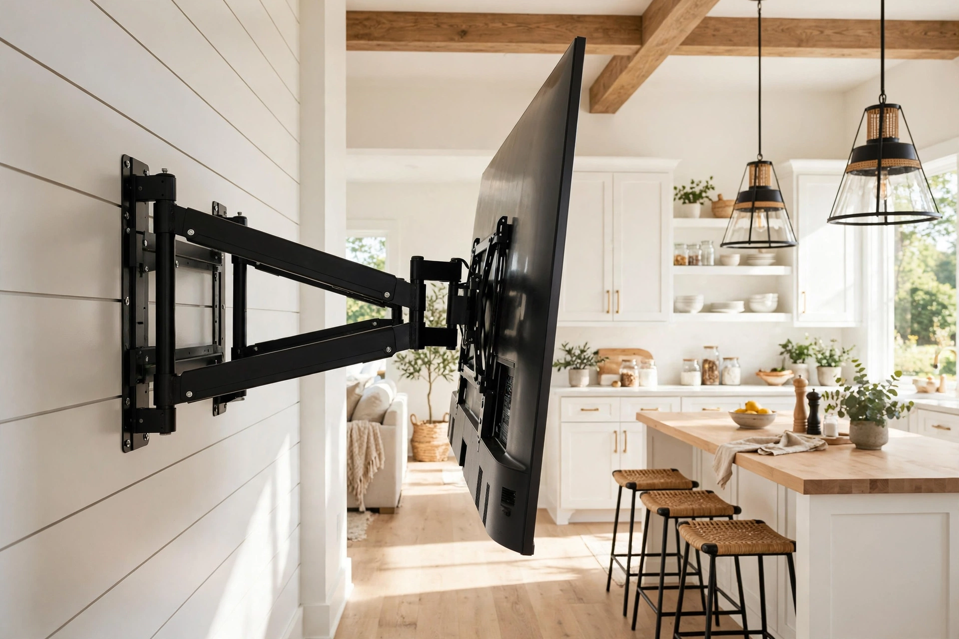 Full-motion articulating TV mount arm extended in a bright farmhouse great room Penticton - Okanagan