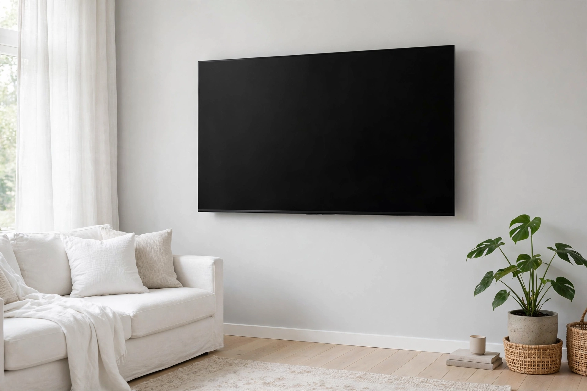 Flat TV wall mount flush on a light wall in a bright Scandinavian living room West Kelowna - Okanagan TV mounting