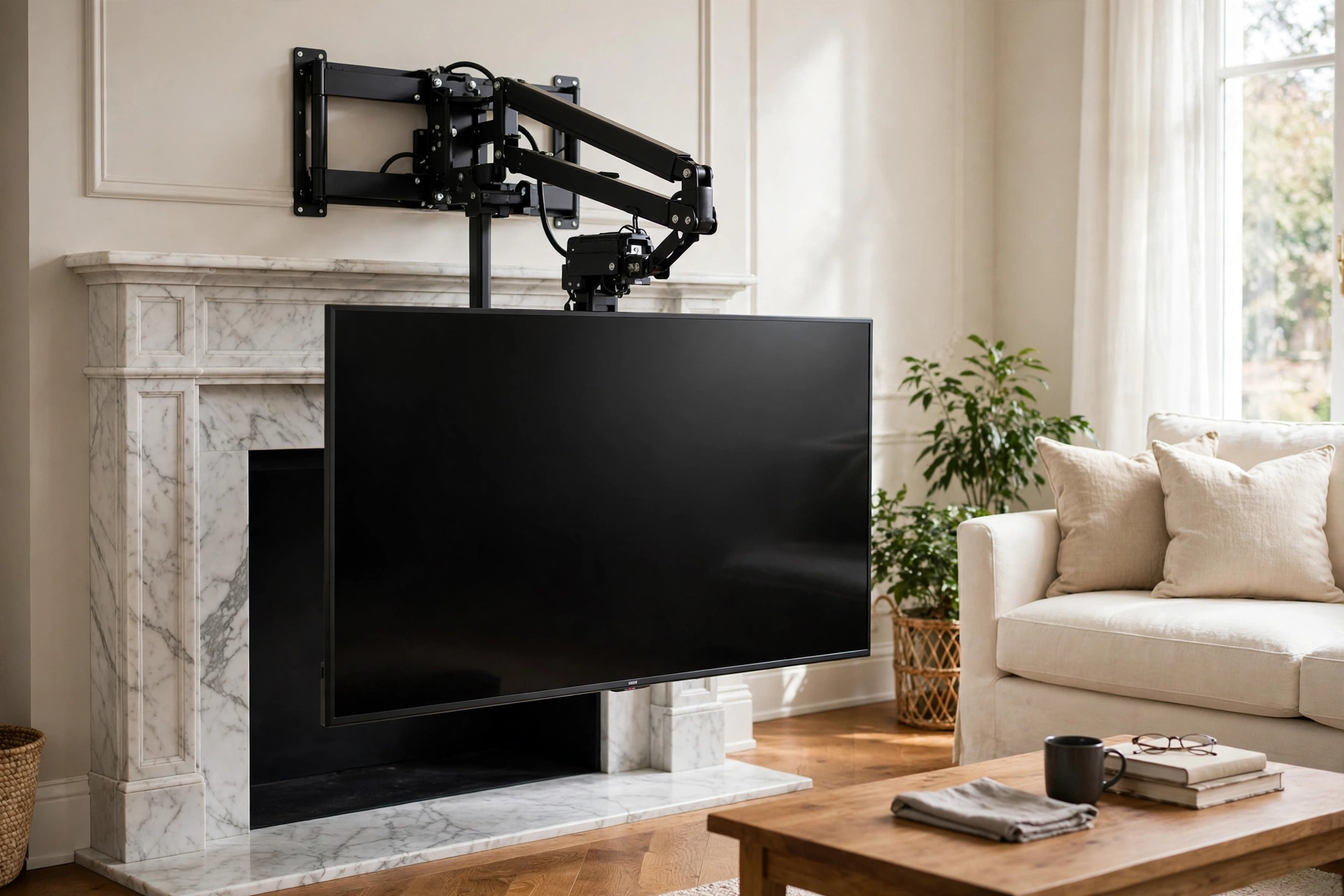 Motorized drop-down TV mount lowered in front of a marble fireplace Vernon - automated home theatre Okanagan