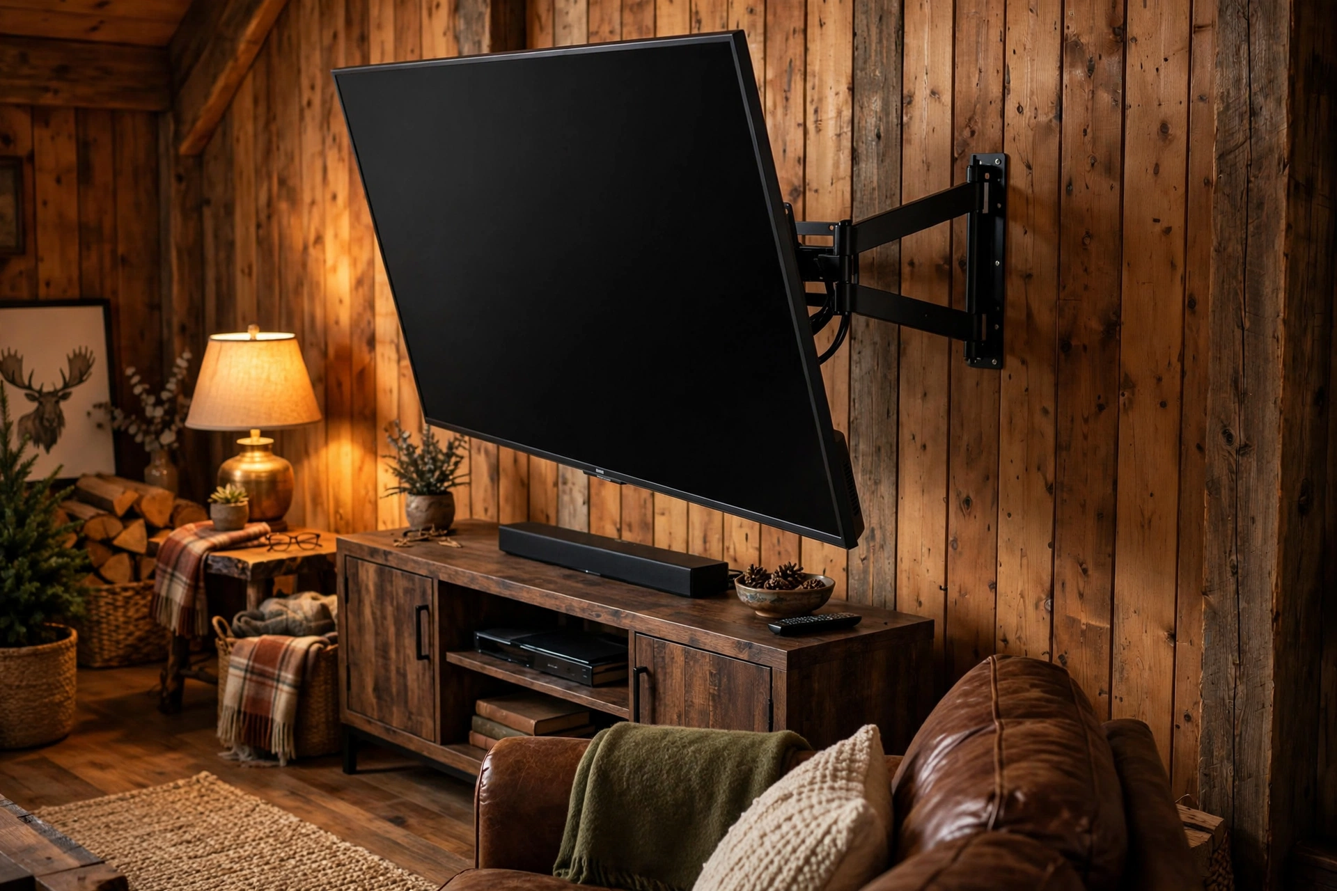Tilting TV wall mount angled down in a warm wood-paneled den Peachland - Okanagan Valley TV installation