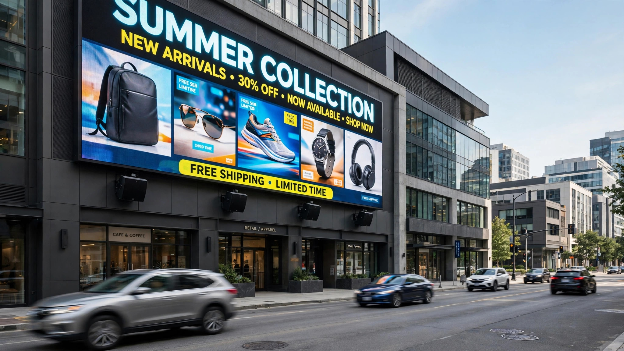Downtown outdoor LED video wall in Vernon - building exterior digital signage