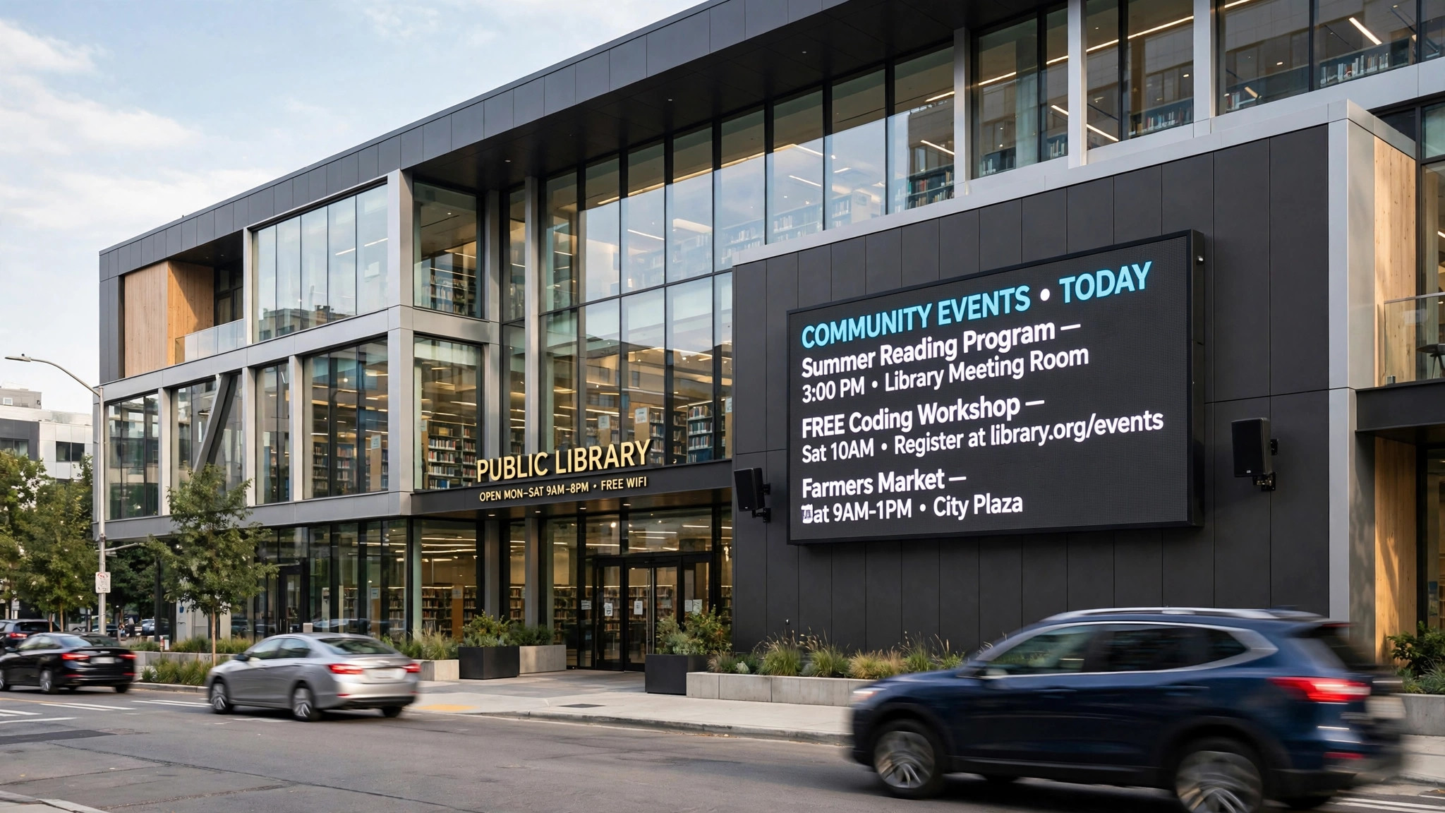 Outdoor LED video wall in West Kelowna - library exterior display