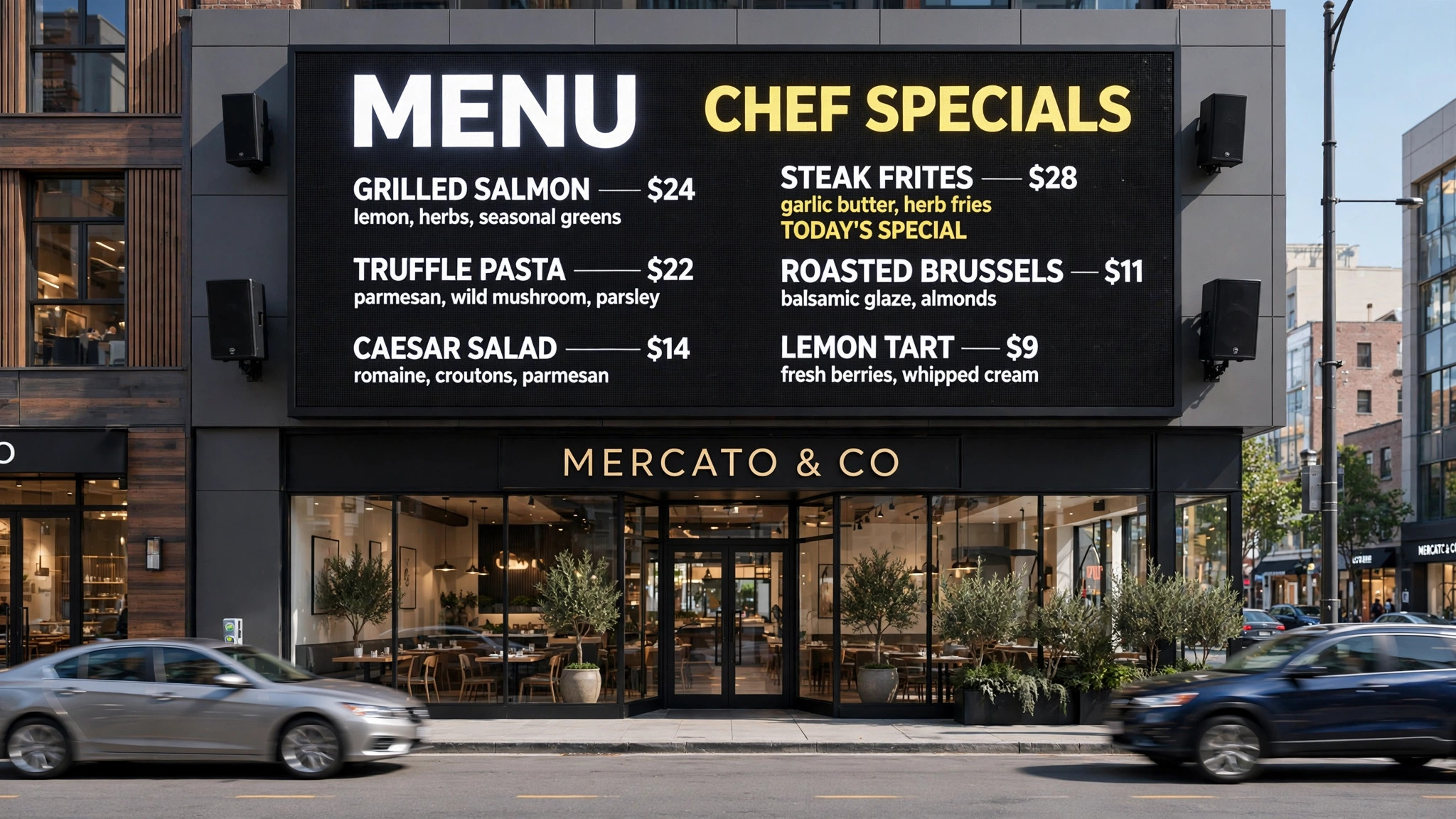 Restaurant storefront LED video wall in Naramata - street-visible digital signage