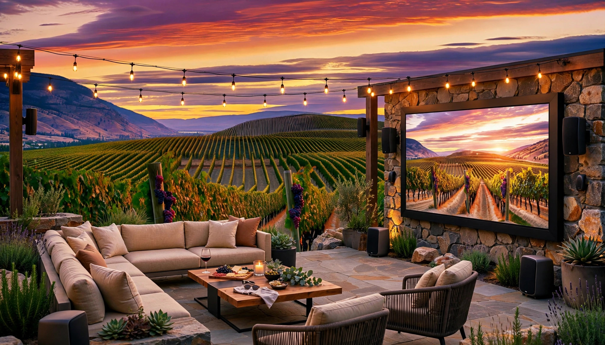Oliver winery patio with outdoor LED video wall - Okanagan Valley